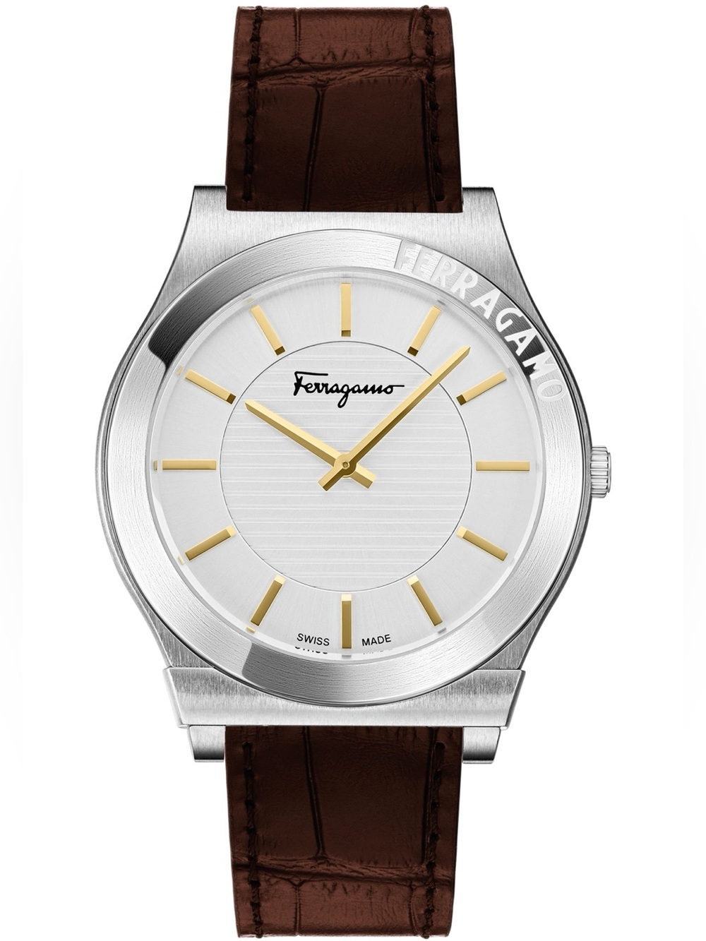 Salvatore Ferragamo Silver Dial Watch with Brown Leather Strap